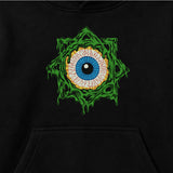 Close up of Faith No More kids hoodie with Slime Sludge Eye Logo printed on the front of  a plain black Hoody