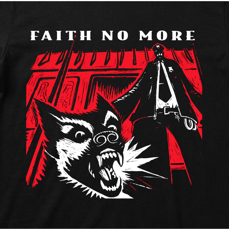 Close Up of Faith No More Kids T-shirt with King For A Day artwork printed in full colour on a plain black t-shirt