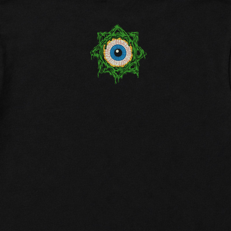 Close up of Faith No More Kids T-shirt with Slime Sludge Eye artwork printed in full colour on the back of a plain black t-shirt