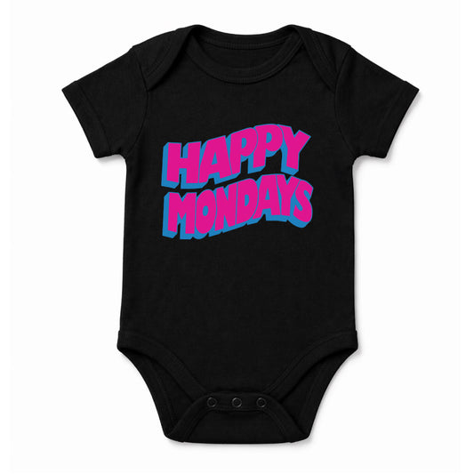 Happy Mondays Babygrow. Black Babygrow with Happy Mondays Classic Wavy Logo In Pink