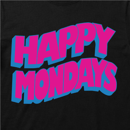Happy Mondays Babygrow. Black Babygrow with Happy Mondays Classic Wavy Logo In Pink Close Up