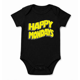 Happy Mondays Babygrow. Black Babygrow with Happy Mondays Classic Wavy Logo In Yellow