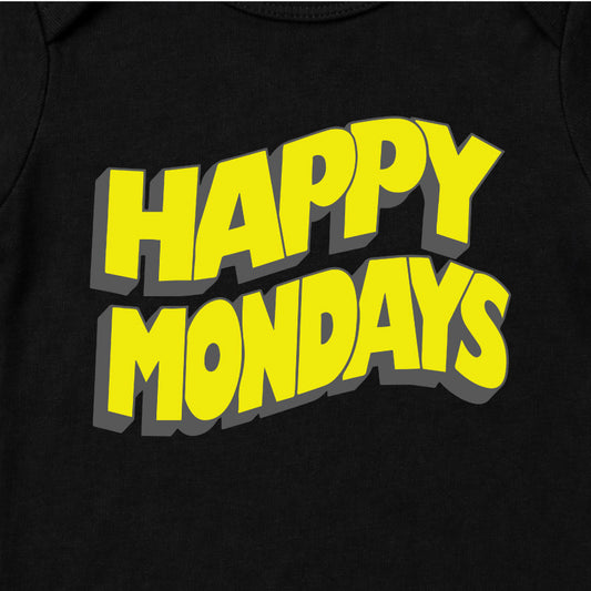 Happy Mondays Babygrow. Black Babygrow with Happy Mondays Classic Wavy Logo In Yellow Close Up
