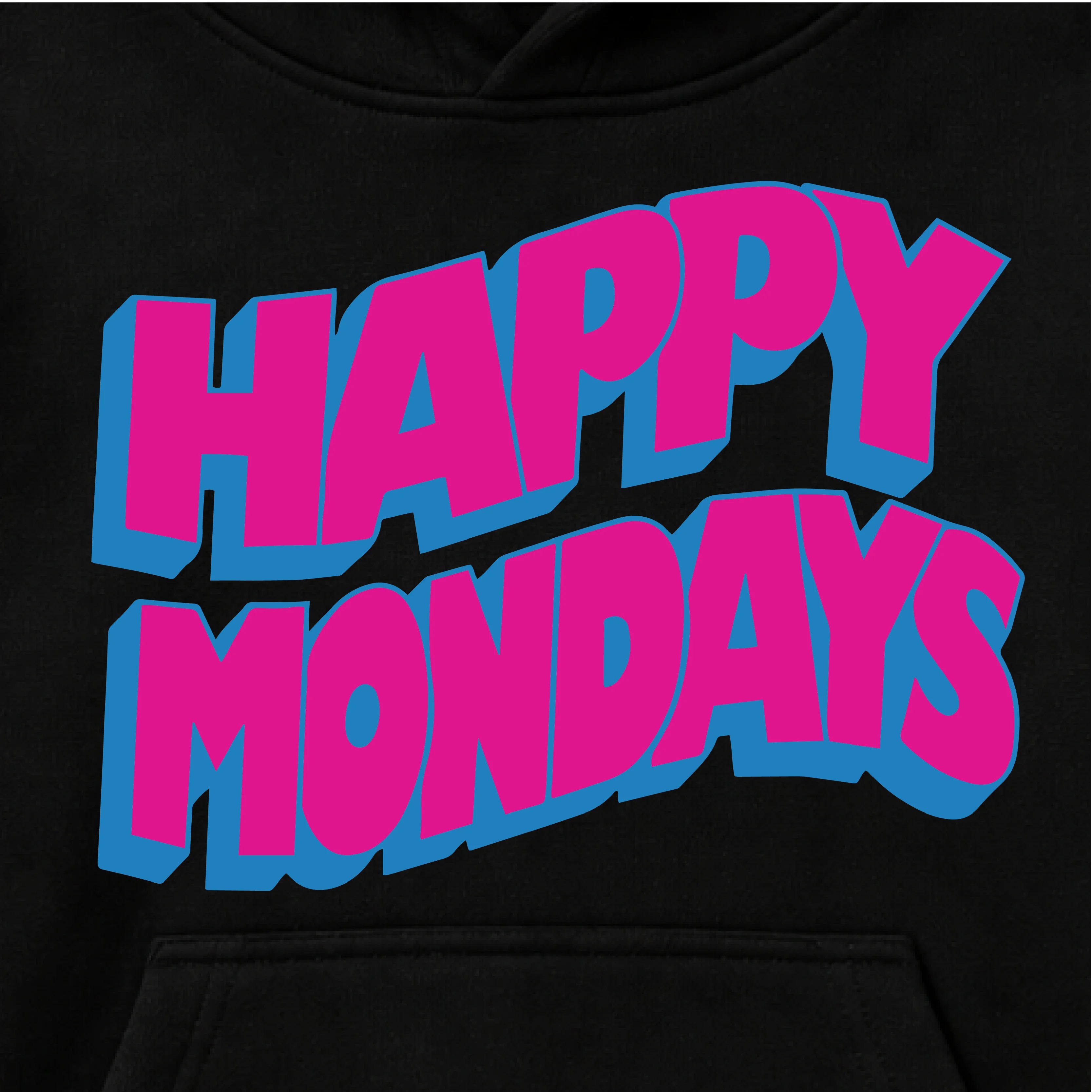 Close Up Of Happy Mondays Kids Black Hoodie. Kids Hoody with Happy Mondays Classic Wavy Logo In Pink 