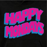 Close Up Of Happy Mondays Kids Black Hoodie. Kids Hoody with Happy Mondays Classic Wavy Logo In Pink 