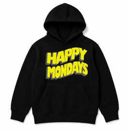 Happy Mondays Kids Black Hoodie. Kids Hoody with Happy Mondays Classic Wavy Logo In Yellow