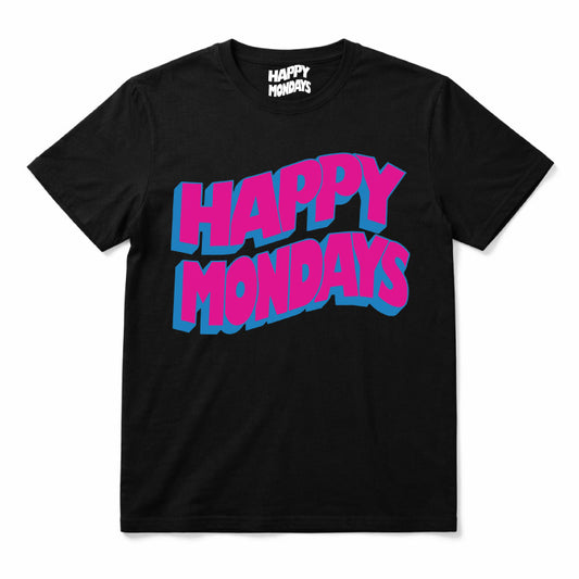 Happy Mondays Kids Black T-shirt. Kids T-Shirt with Happy Mondays Classic Wavy Logo In Pink 