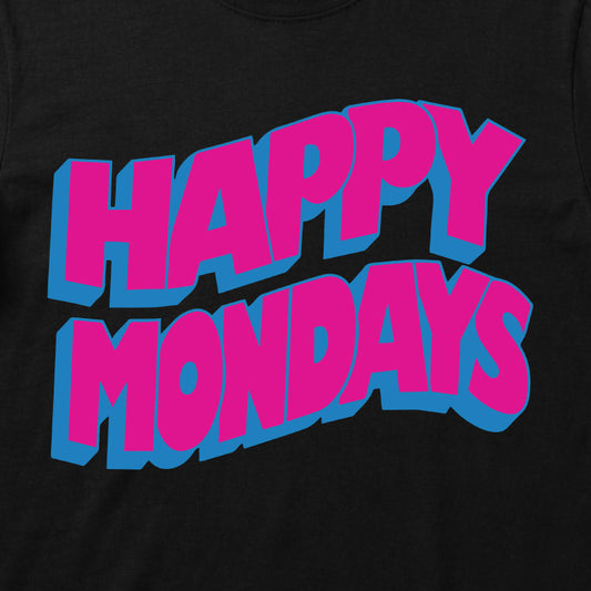 Happy Mondays Kids Black T-shirt. Kids T-Shirt with Happy Mondays Classic Wavy Logo In Pink 