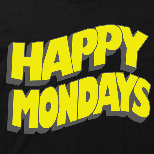 Happy Mondays Kids Black T-shirt. Kids T-Shirt with Happy Mondays Classic Wavy Logo In Yellow Close Up