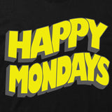 Happy Mondays Kids Black T-shirt. Kids T-Shirt with Happy Mondays Classic Wavy Logo In Yellow Close Up