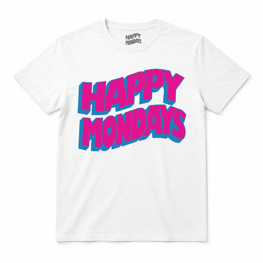Happy Mondays Kids White T-shirt. Kids T-Shirt with Happy Mondays Classic Wavy Logo In Pink 