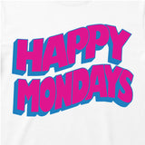 Happy Mondays Kids White T-shirt. Kids T-Shirt with Happy Mondays Classic Wavy Logo In Pink Close Up