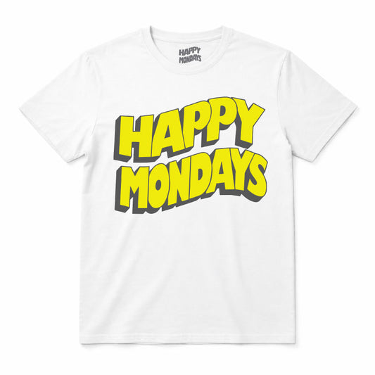 Happy Mondays Kids White T-shirt. Kids T-Shirt with Happy Mondays Classic Wavy Logo In Yellow