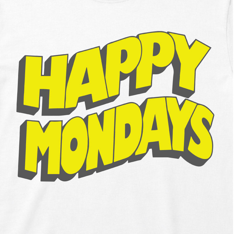 Happy Mondays Kids White T-shirt. Kids T-Shirt with Happy Mondays Classic Wavy Logo In Yellow Close Up