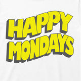 Happy Mondays Kids White T-shirt. Kids T-Shirt with Happy Mondays Classic Wavy Logo In Yellow Close Up