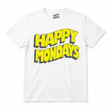 Happy Mondays Kids White T-shirt. Kids T-Shirt with Happy Mondays Classic Wavy Logo In Yellow