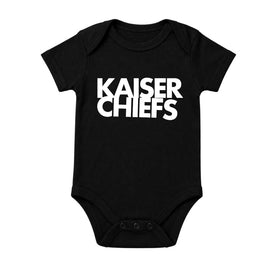 Kaiser Chiefs Babygrow. Kaiser Chiefs logo printed in white on a plain black babygrow