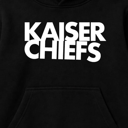 Close up of Kaiser Chiefs kids hoodie with Kaiser Chiefs logo printed in white on a plain black hoody