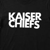 Close up of Kaiser Chiefs Kids T-shirt with Kaiser Chiefs logo printed in white on a plain black t-shirt