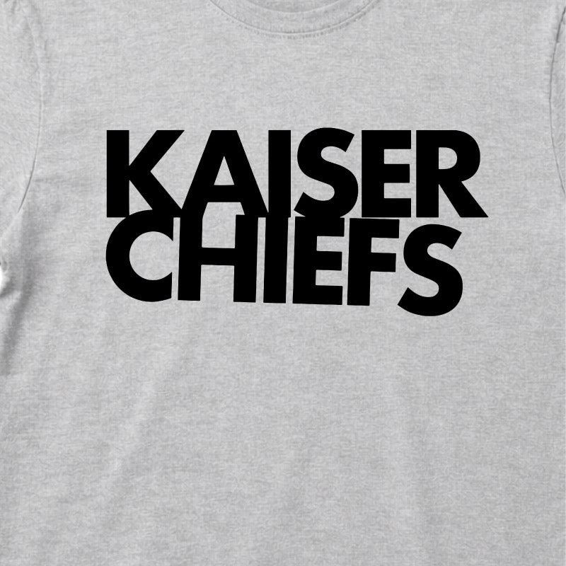 Close up of Kaiser Chiefs Kids T-shirt with Kaiser Chiefs logo printed in black on a plain grey t-shirt