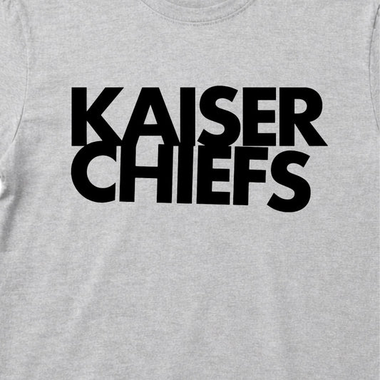 Close up of Kaiser Chiefs Kids T-shirt with Kaiser Chiefs logo printed in black on a plain grey t-shirt