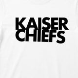 Close up of Kaiser Chiefs Kids T-shirt with Kaiser Chiefs logo printed in black on a plain white t-shirt