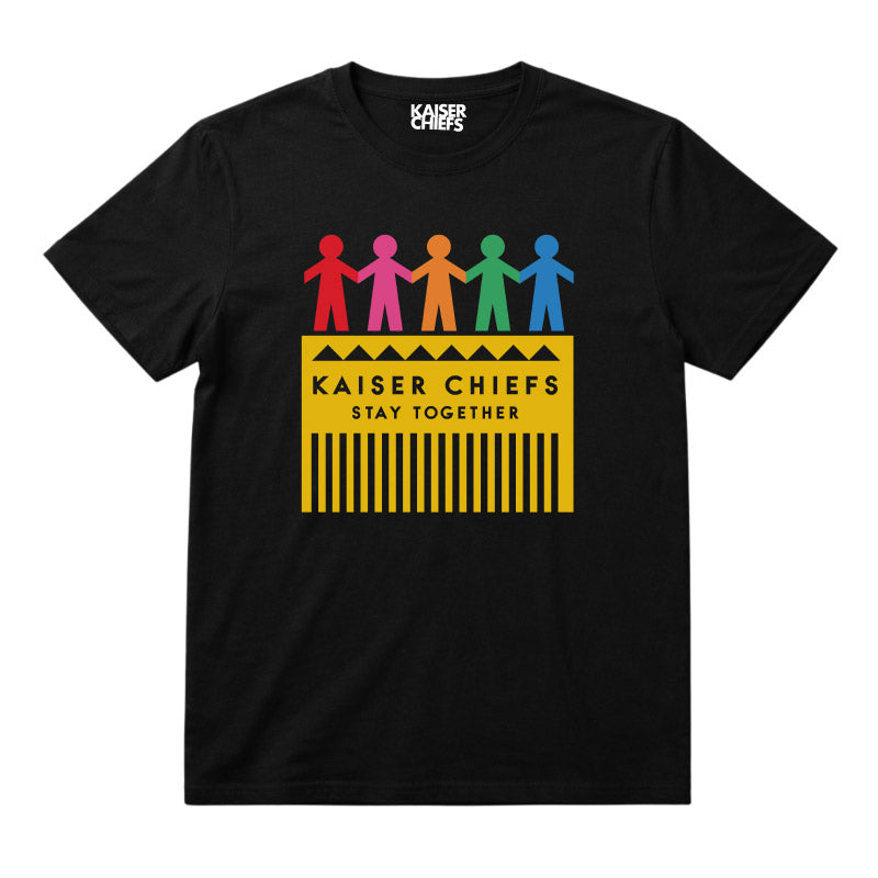 Kaiser Chiefs Kids T-shirt with Kaiser Chiefs Paper Dolls artwork printed in full colour on a plain black t-shirt