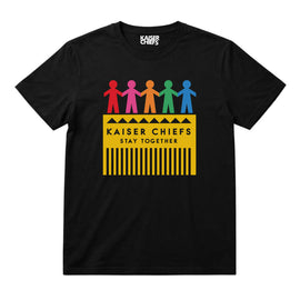 Kaiser Chiefs Kids T-shirt with Kaiser Chiefs Paper Dolls artwork printed in full colour on a plain black t-shirt