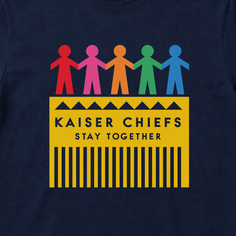 Close up of Kaiser Chiefs Kids T-shirt with Kaiser Chiefs Paper Dolls artwork printed in full colour on a plain navy t-shirt