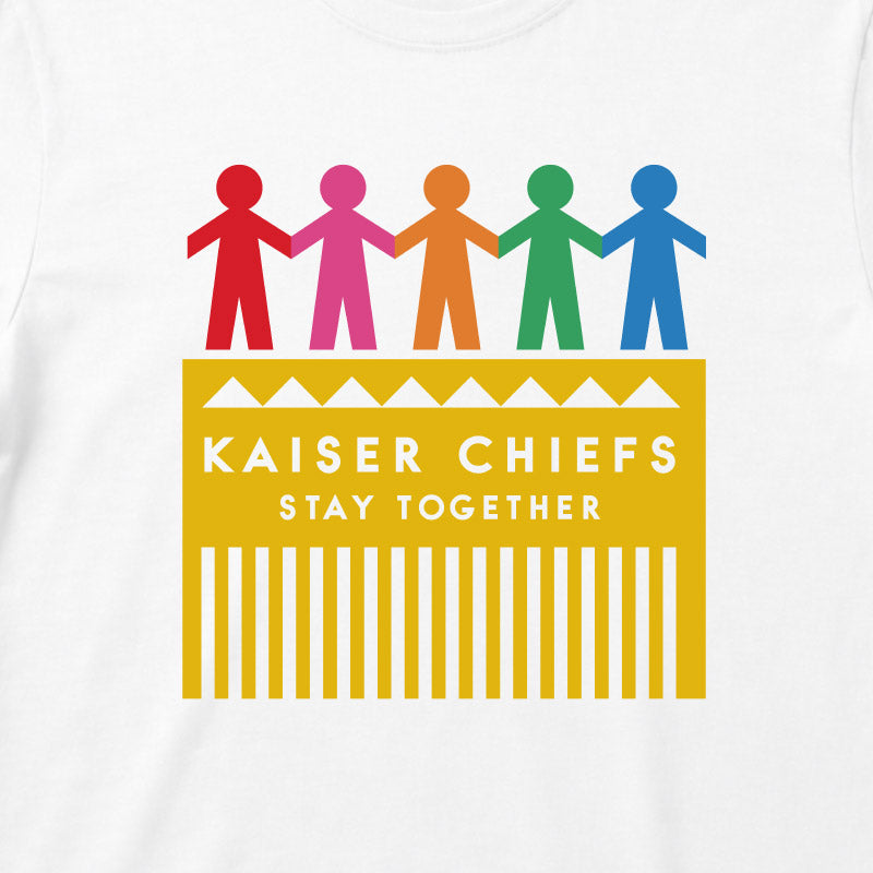 Close up of Kaiser Chiefs Kids T-shirt with Kaiser Chiefs Paper Dolls artwork printed in full colour on a plain white t-shirt