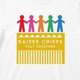 Close up of Kaiser Chiefs Kids T-shirt with Kaiser Chiefs Paper Dolls artwork printed in full colour on a plain white t-shirt