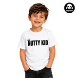 Kid Wearing Madness Nutty Kid T-Shirt. White T-shirt with Nutty Kid Artwork