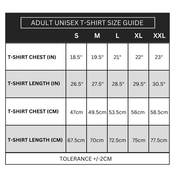 Kidvicious Adult Unisex T-Shirt Size Guide