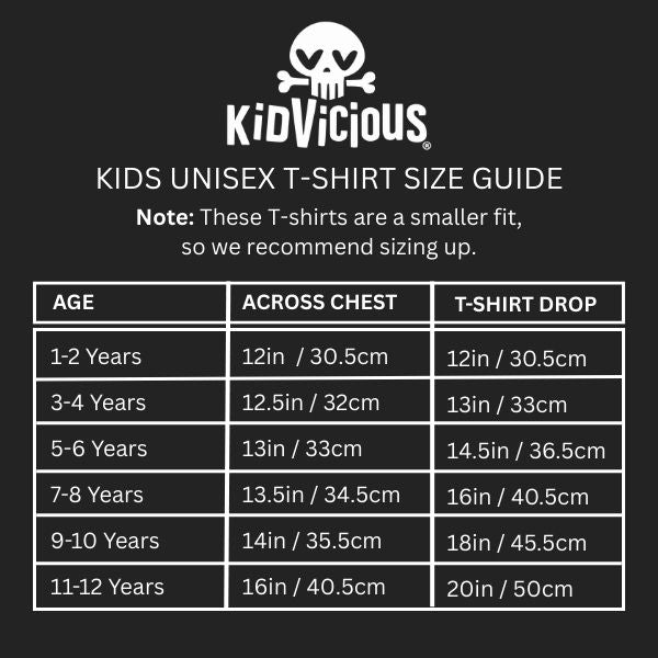 Kidvicious Kids Unisex band T-shirt Size Guide Recommendation