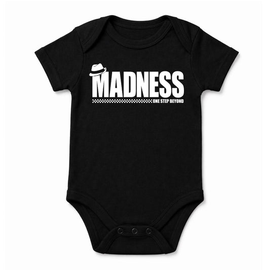 Madness One Step Beyond Babygrow. White Madness Logo and One Step Beyond Artwork on a Black Babygrow
