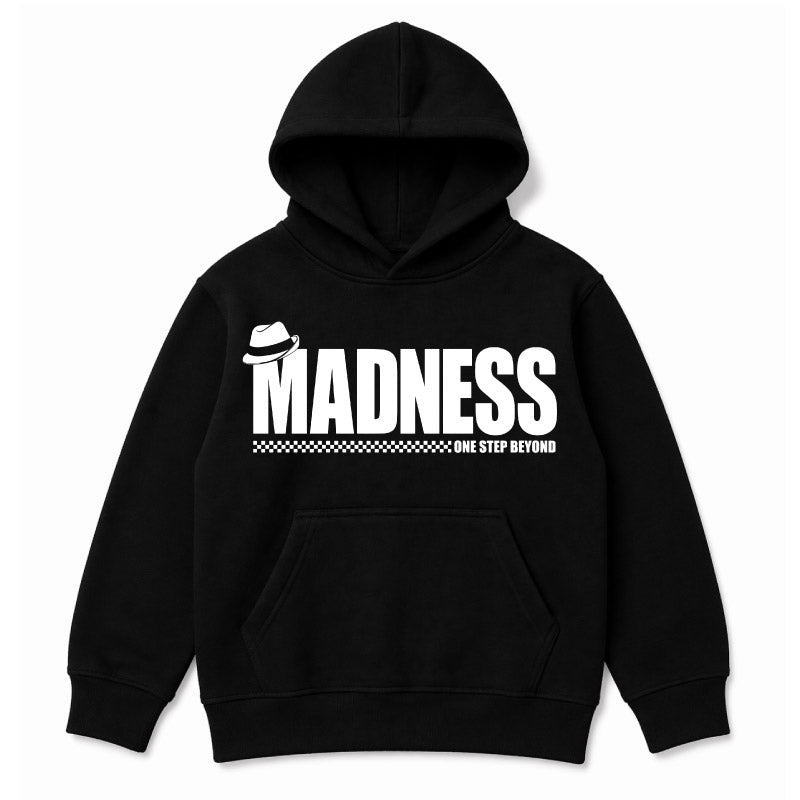 Madness One Step Beyond Kids Hoodie. White Madness Logo and One Step Beyond Artwork on a Black Hoody