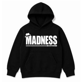 Madness One Step Beyond Kids Hoodie. White Madness Logo and One Step Beyond Artwork on a Black Hoody