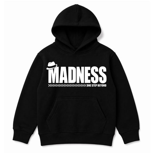 Madness One Step Beyond Kids Hoodie. White Madness Logo and One Step Beyond Artwork on a Black Hoody