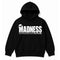 Madness One Step Beyond Kids Hoodie. White Madness Logo and One Step Beyond Artwork on a Black Hoody