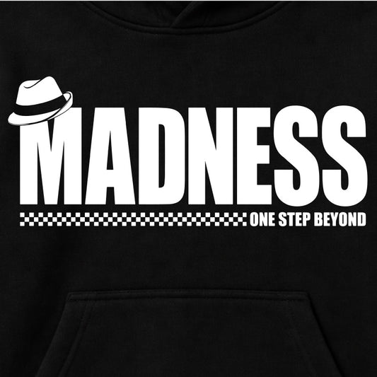 Close Up Of Madness One Step Beyond Kids Hoodie. White Madness Logo and One Step Beyond Artwork on a Black Hoody 