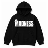 Madness One Step Beyond Kids Hoodie. White Madness Logo and One Step Beyond Artwork on a Black Hoody