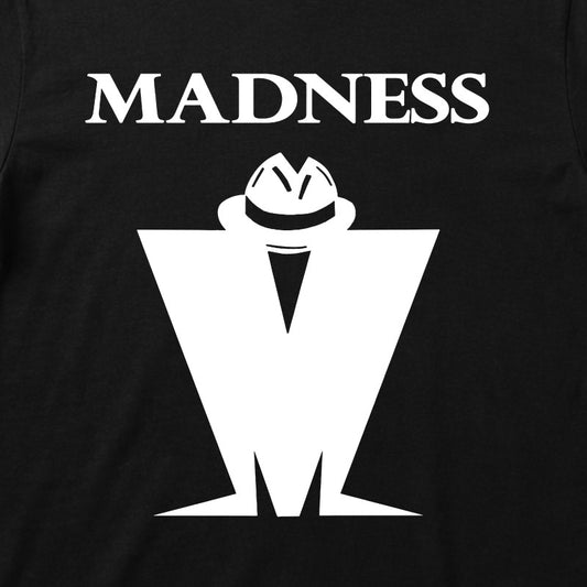 Close Up Of Madness Classic M Logo Kids T-shirt. White Madness Logo on a Black T-Shirt