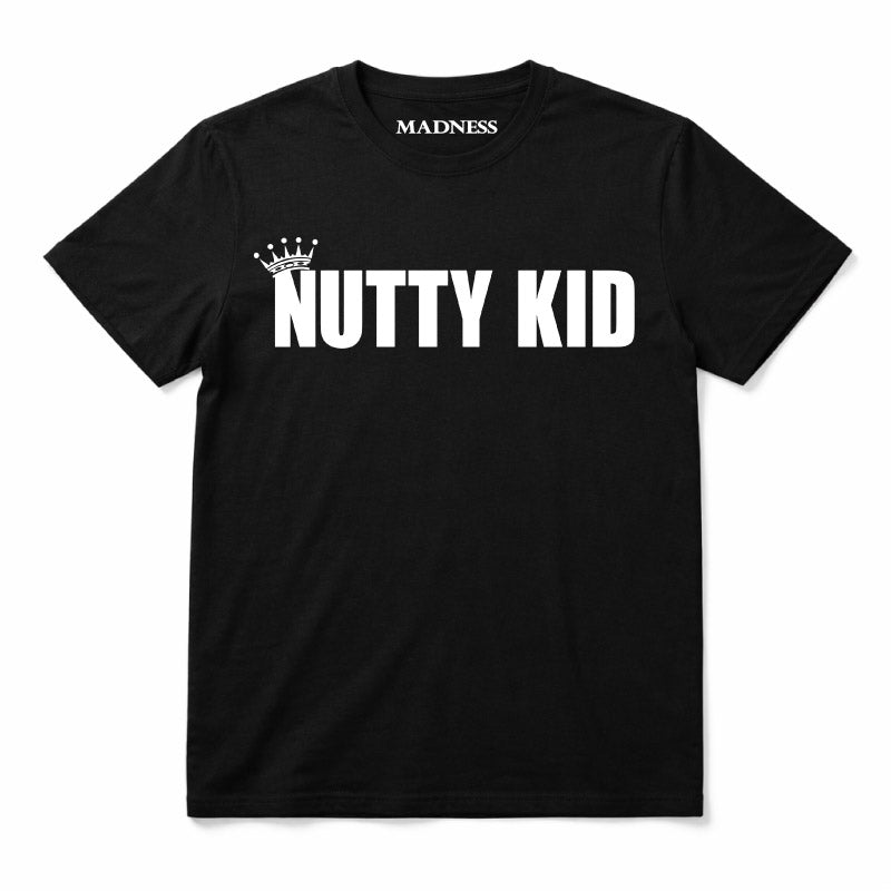 Madness Nutty Kid Kids T-shirt. White Nutty Kid Logo on a Black T-Shirt