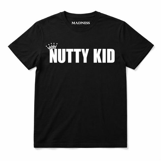 Madness Nutty Kid Kids T-shirt. White Nutty Kid Logo on a Black T-Shirt