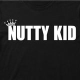 Close Up Of Madness Nutty Kid Kids T-shirt. White Nutty Kid Logo on a Black T-Shirt