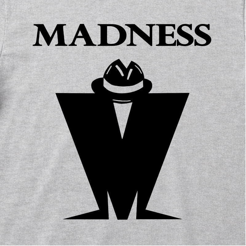 Close Up Of Madness Classic M Logo Kids T-shirt. Black Madness Logo on a Grey T-Shirt