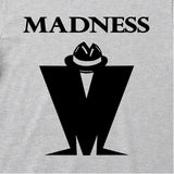 Close Up Of Madness Classic M Logo Kids T-shirt. Black Madness Logo on a Grey T-Shirt