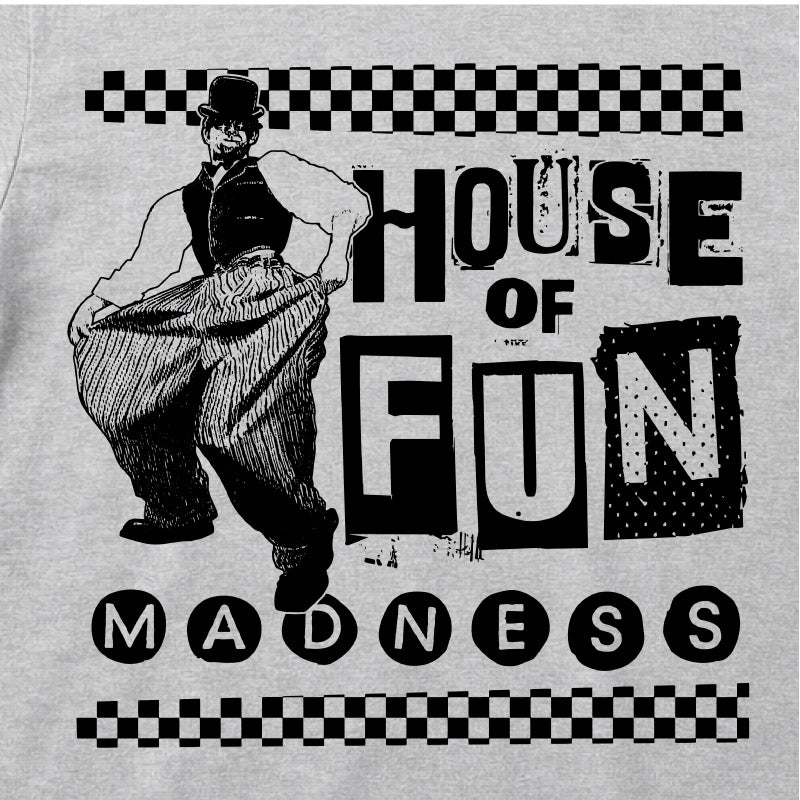 Close Up Of Madness House Of Fun Kids T-shirt. Black House Of Fun Artwork on a Grey 