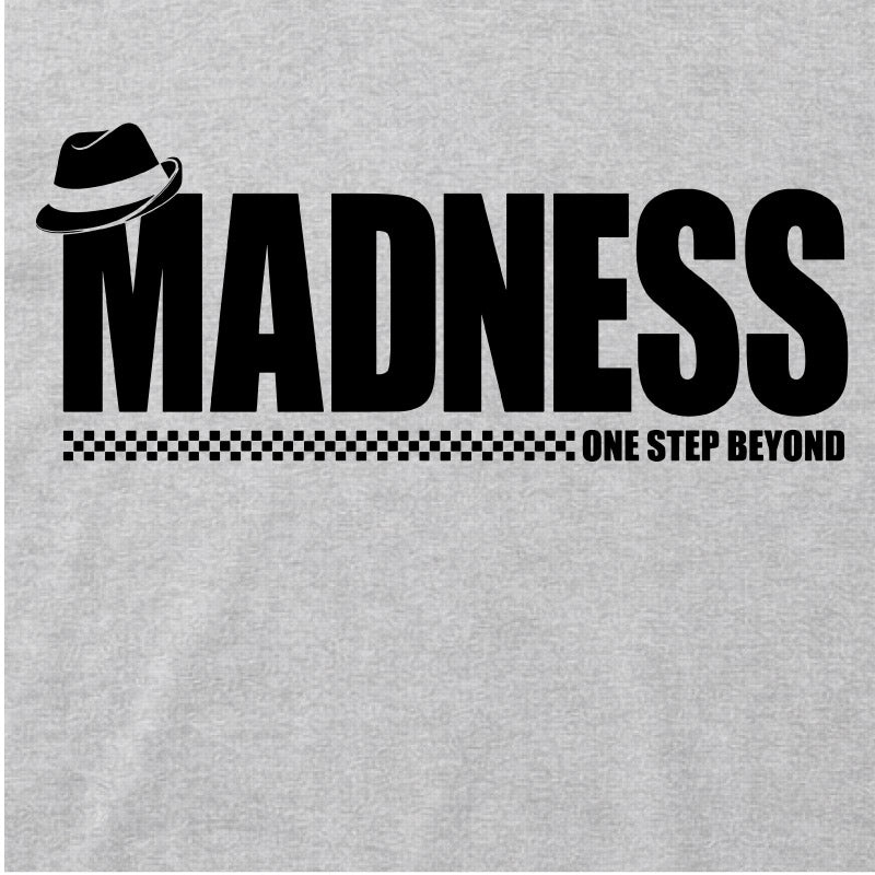 Close Up Of Madness One Step Beyond Kids T-shirt.  Black Madness Logo on a Grey T-Shirt
