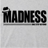 Close Up Of Madness One Step Beyond Kids T-shirt.  Black Madness Logo on a Grey T-Shirt